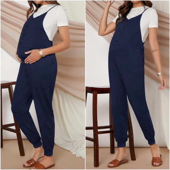 MATERNITY Black button up cami jumpsuit pocket cozy - Picture 9 of 10